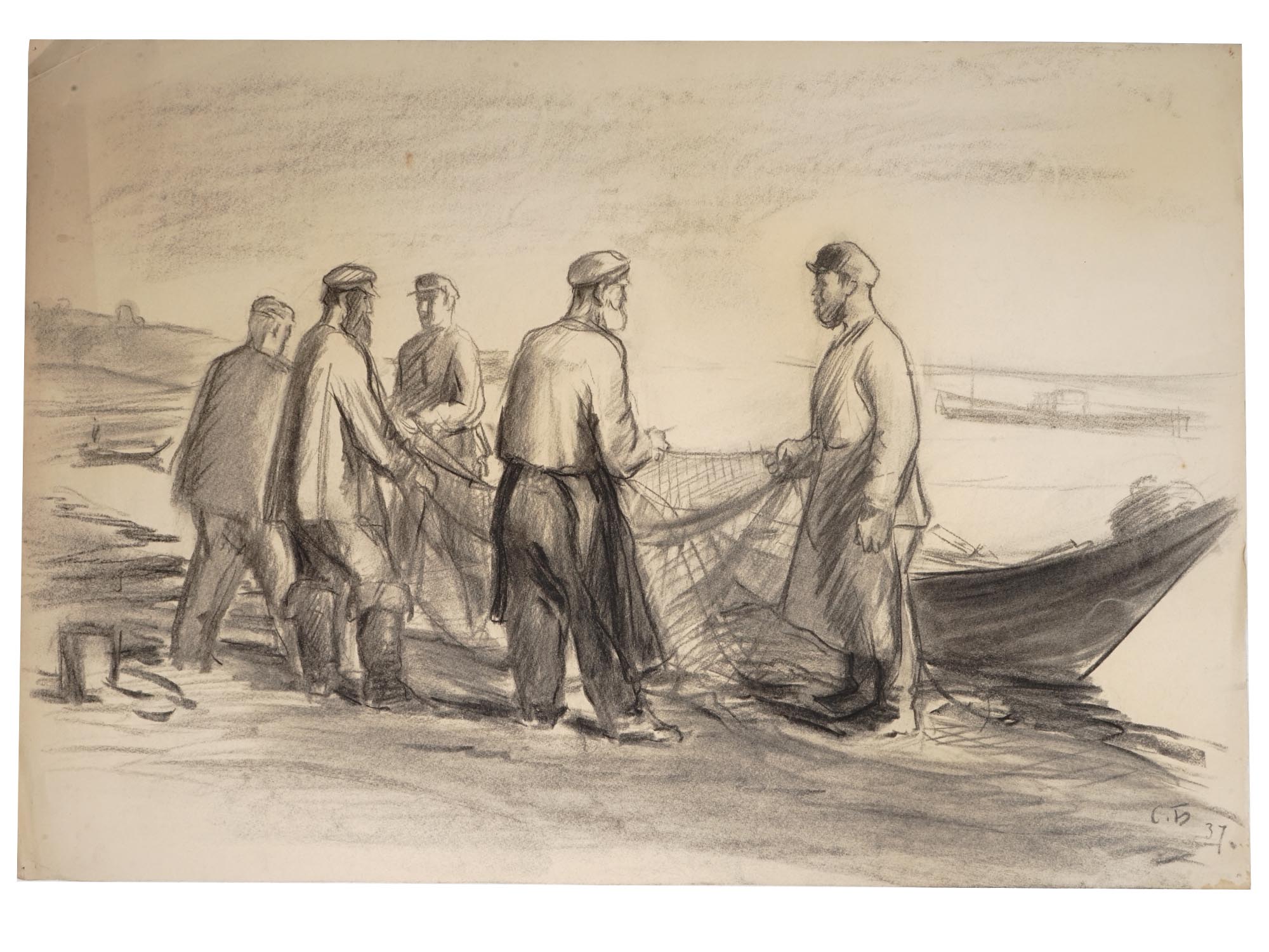 RUSSIAN CHARCOAL DRAWING FISHERMEN BY SOLOMON BOIM